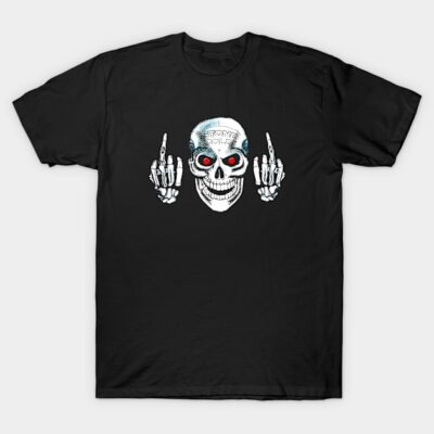 Black t-shirt with skull graphic, red eyes, and skeletal hands. Casual style, perfect for everyday wear or themed events.