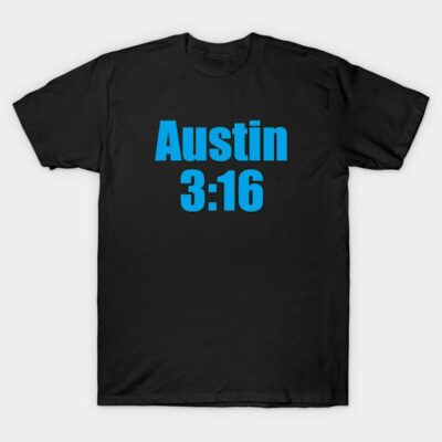 Black t-shirt with "Austin 3:16" text in blue, casual style, ideal for everyday wear, soft cotton material.