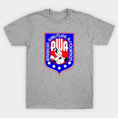 Gray T-shirt featuring American Wrestling Association logo, casual style, soft cotton material, perfect for sports fans.