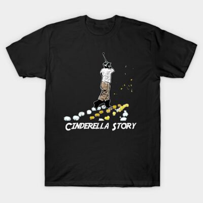 Black t-shirt featuring a "Cinderella Story" graphic with a golfer, perfect for casual wear and comfortable style.