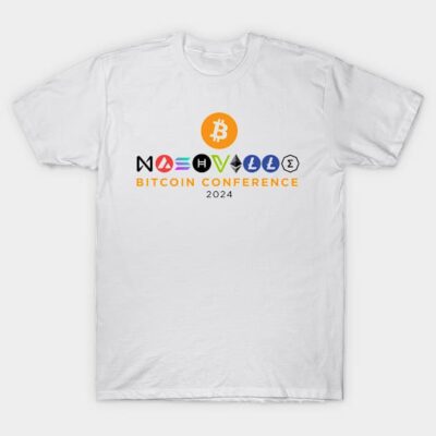White Bitcoin Conference 2024 T-shirt with colorful cryptocurrency symbols, perfect for events or casual wear.