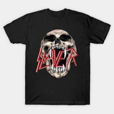 Black graphic t-shirt with skull and red text design, perfect for casual wear, 100% cotton, unisex style.