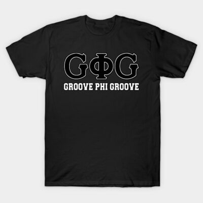Black "Groove Phi Groove" T-shirt, casual style, featuring bold white lettering, perfect for everyday wear.
