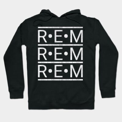 Black hoodie with white "R.E.M." text, casual style, soft cotton material, ideal for everyday wear.