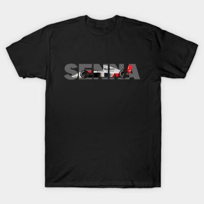 Black t-shirt featuring a vintage race car graphic and bold "Senna" text, perfect for motorsport enthusiasts.