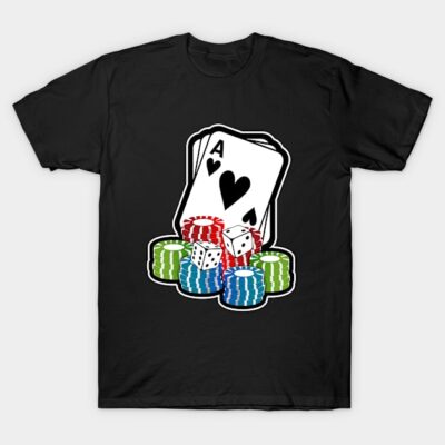Black t-shirt with poker-themed graphic, featuring playing cards, dice, and colorful poker chips, made of cotton.