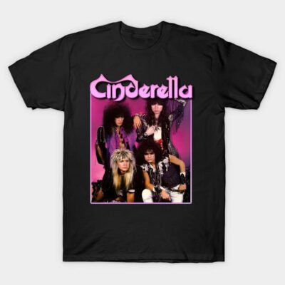 Black t-shirt featuring vintage band graphic with pink text, ideal for music enthusiasts, soft cotton material.