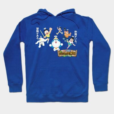 Blue hoodie with cartoon character print, featuring long sleeves and drawstring hood, perfect for casual wear.
