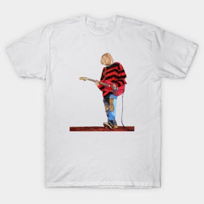 White cotton t-shirt with red and black striped sweater graphic, featuring a person playing guitar. Casual wear.