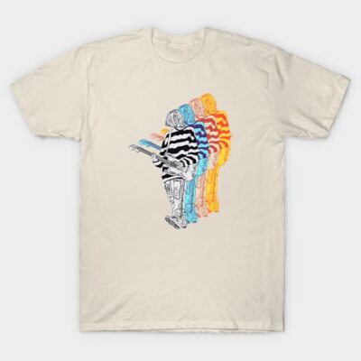 Beige graphic t-shirt with colorful guitarist design, casual style, ideal for everyday wear. Cotton material.