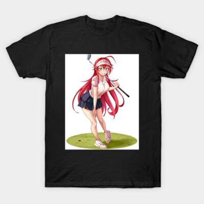 Black T-shirt featuring anime-style character with red hair and golf attire, ideal for casual wear or anime fans.