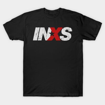 Black INXS logo t-shirt, short sleeve, casual wear, cotton material, unisex design, perfect for music fans.