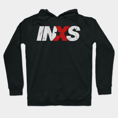 Black INXS logo hoodie, casual pullover style, soft cotton blend, front pocket, unisex design for everyday wear.