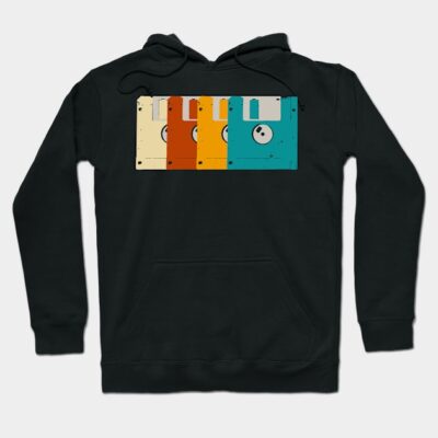 Black hoodie with retro floppy disk design in beige, orange, and teal. Perfect for casual wear. Cotton blend material.