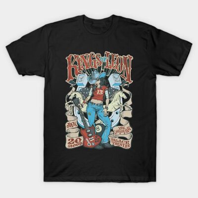 Black graphic t-shirt with vintage concert design, featuring guitars and horses, ideal for casual wear.