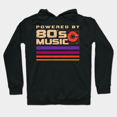 Black hoodie with "Powered by 80s Music" text, vintage cassette design, colorful stripes, casual style, cotton material.