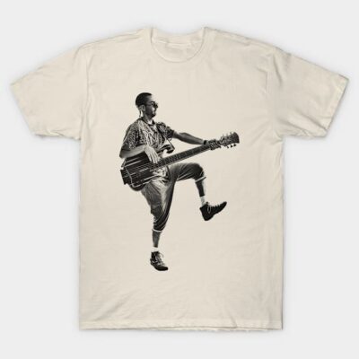 Beige t-shirt with a black and white graphic of a person playing bass guitar, casual style, cotton material.