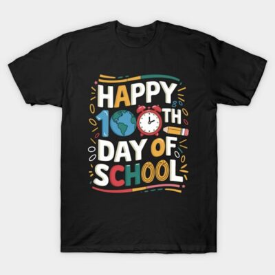 Black "Happy 100th Day of School" t-shirt with colorful graphic design, ideal for school events and celebrations.
