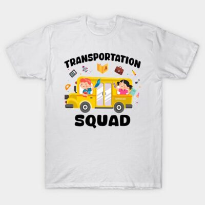 White "Transportation Squad" T-shirt featuring a colorful school bus graphic, casual style, perfect for everyday wear.