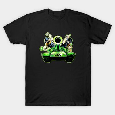 Black graphic T-shirt featuring green tank illustration, casual style, perfect for everyday wear.