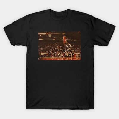 Black cotton t-shirt featuring vintage basketball player print, casual wear, sports fan apparel.