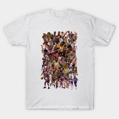White T-shirt featuring colorful basketball player collage, casual wear, 100% cotton, perfect for sports enthusiasts.