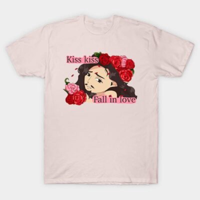 White anime-inspired T-shirt with floral design and text "Kiss kiss Fall in love," perfect for casual wear.