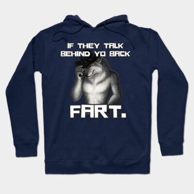 Navy blue hoodie with humorous wolf graphic and text, casual wear, comfortable fit, cotton blend material.