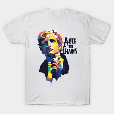 White Alice in Chains graphic t-shirt, colorful design, casual style, cotton material, unisex, music-themed apparel.