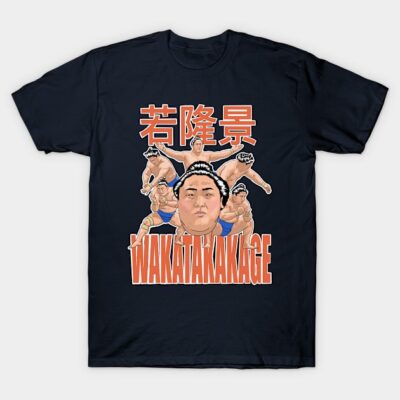 Black T-shirt with sumo wrestler graphic and Japanese text, featuring bold design for casual wear.