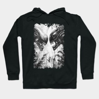 Black graphic hoodie featuring sci-fi alien design, cotton material, casual wear. Perfect for fans and everyday comfort.