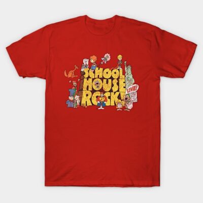 Red "Schoolhouse Rock" graphic T-shirt, casual wear, cotton fabric, vibrant design for everyday style.