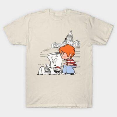 Cream t-shirt with cartoon characters and Capitol building illustration, casual style, cotton material.