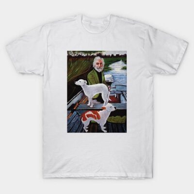 White cotton t-shirt featuring a colorful print of two dogs by a river, ideal for casual wear.