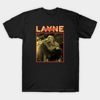 Black graphic T-shirt featuring retro style design with yellow and red accents. Cotton material, casual wear.