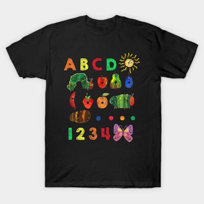 Black t-shirt featuring colorful alphabet, numbers, and caterpillar design. Ideal for casual wear or educational fun.