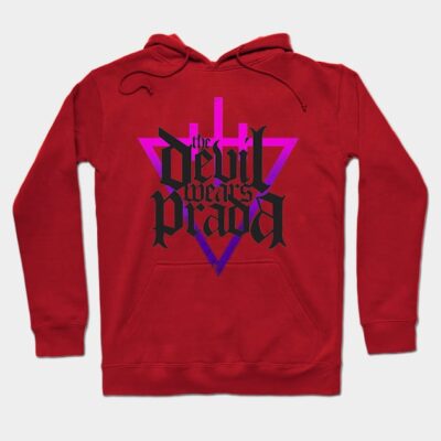 Red graphic hoodie with bold text design, featuring a kangaroo pocket. Perfect for casual wear and made from soft material.
