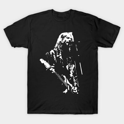 Black graphic t-shirt featuring musician silhouette, casual style, made of 100% cotton, perfect for music lovers.