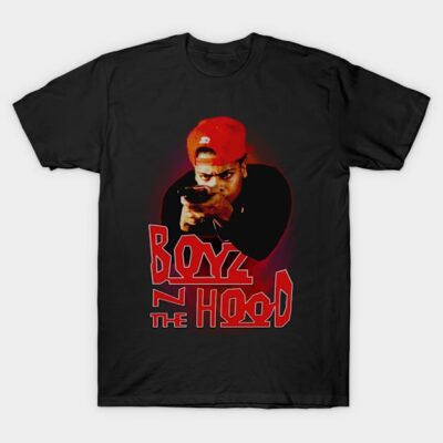 Black graphic T-shirt featuring retro movie design in red and orange. Ideal for casual wear. Cotton material.