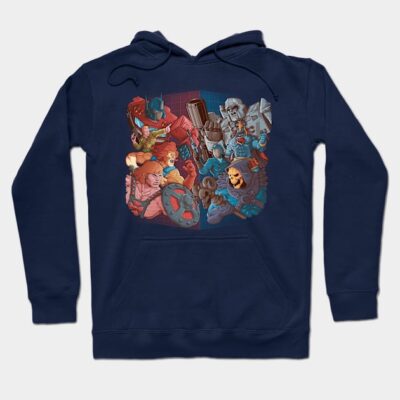 Navy blue hoodie with colorful retro cartoon characters design, perfect for casual wear and comfort.