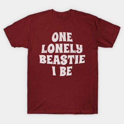 Red graphic t-shirt with "One Lonely Beastie I Be" text, casual style, cotton material, unisex design.