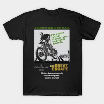 Black t-shirt featuring retro motorcycle movie poster design with text, ideal for film enthusiasts and casual wear.