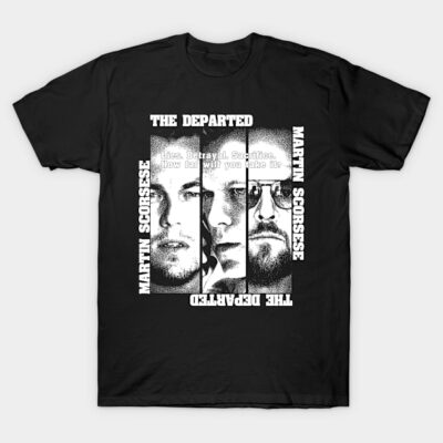 Black graphic t-shirt featuring The Departed movie design, bold white text, casual wear, cotton material.