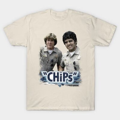 Vintage beige "CHiPs" graphic t-shirt, retro police theme, short-sleeve, casual wear, cotton blend material.