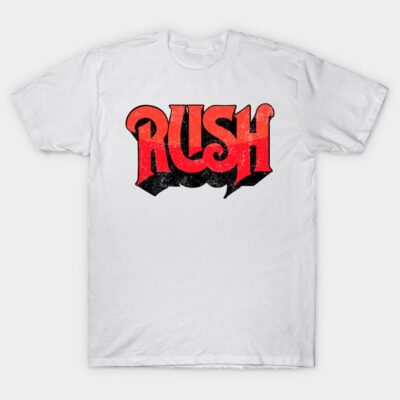 White cotton t-shirt featuring bold red "RUSH" graphic design, casual style. Perfect for music fans and casual wear.