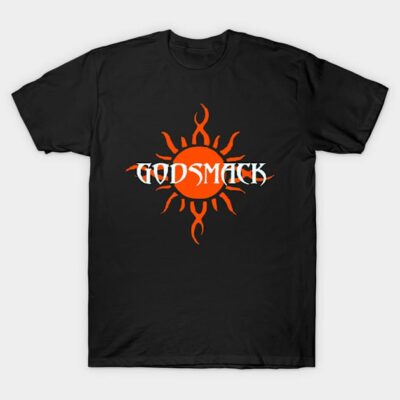 Black t-shirt with orange sun graphic and bold text design, perfect for casual wear and music enthusiasts.