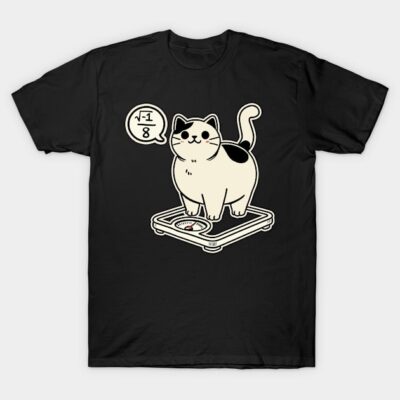 Black T-shirt with cute cat and math-themed graphic, casual style, cotton material, perfect for math enthusiasts.