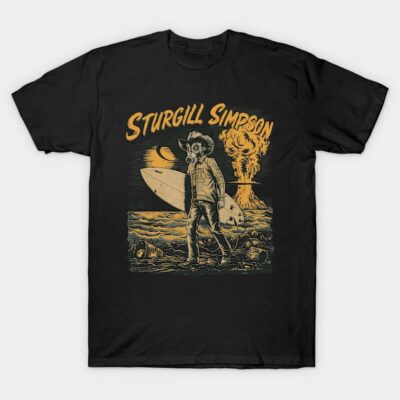 Black graphic t-shirt with vintage design, featuring a gas mask and surfboard illustration, casual cotton wear.