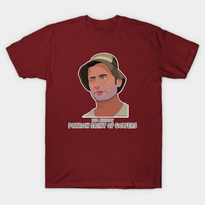 Maroon graphic t-shirt with cartoon golfer print, casual style, unisex, ideal for outdoor wear, cotton blend material.