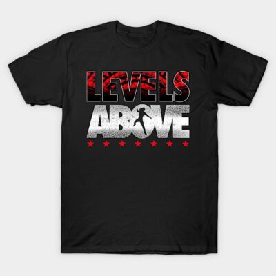 Black graphic t-shirt with "Levels Above" text, red and white design, featuring stars and silhouette, casual wear.